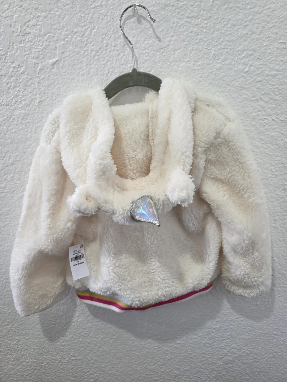 Old Navy Cream Faux Fur Zip Hoodie with Rainbow Trim With Unicorn Hood